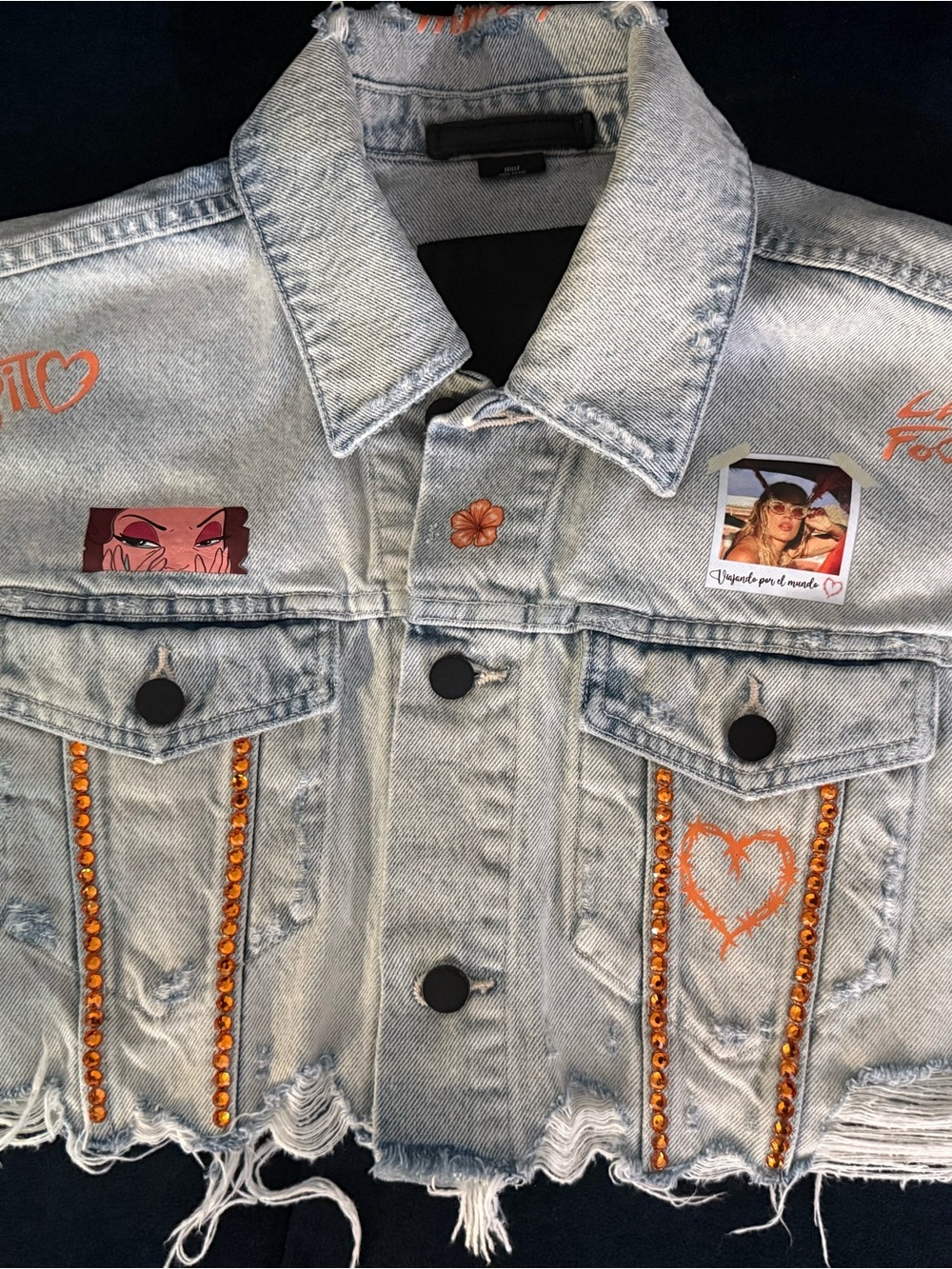 Karol Gs Light Wash Denim Jacket with Orange Heart & Stud Details